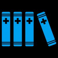 Medical Books raster icon. Style is flat symbol, blue color, rounded angles, black background.